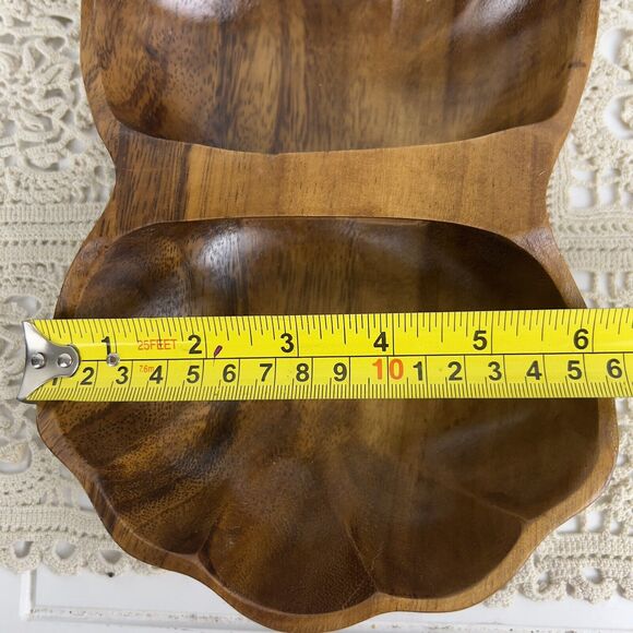 Monkey Pod Wood Basket‎ Bowl With Serving Spoons Hand Carved Scalloped Seashell - Picture 10 of 13